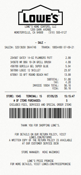 Preview of Lowe's receipt template