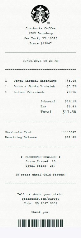 Preview of Starbucks receipt template