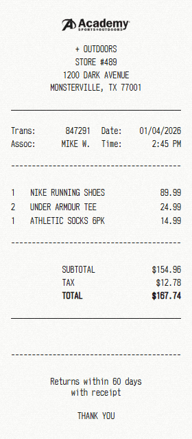 Academy Sports receipt template