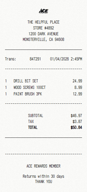 Ace Hardware receipt template