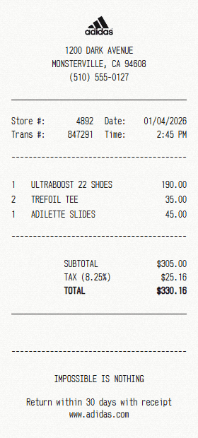 Adidas receipt template