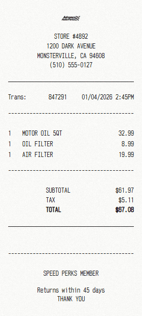 Advance Auto Parts receipt template