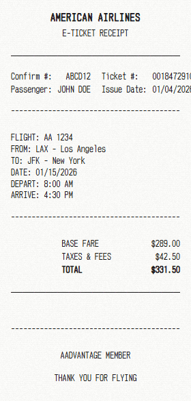 American Airlines receipt template