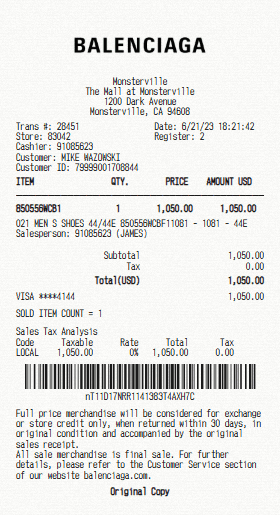 Balenciaga receipt template