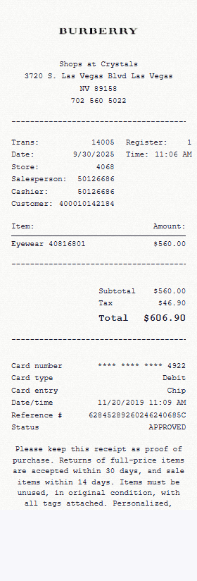 Burberry receipt template