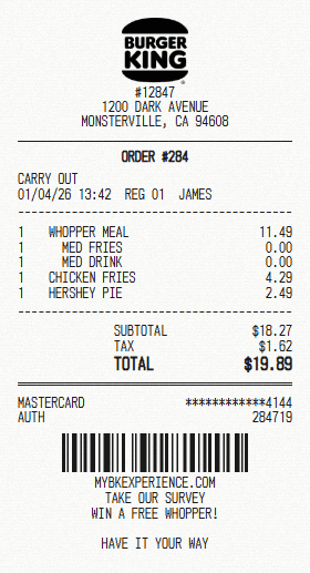 Burger King receipt template