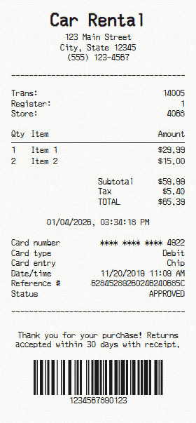 Car Rental receipt template
