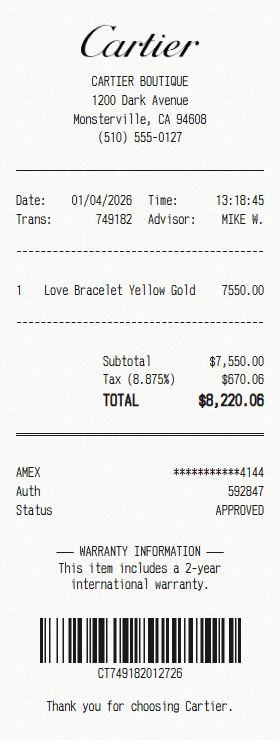 Cartier receipt template