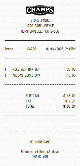 Champs Sports receipt template