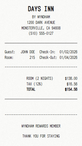 Days Inn receipt template