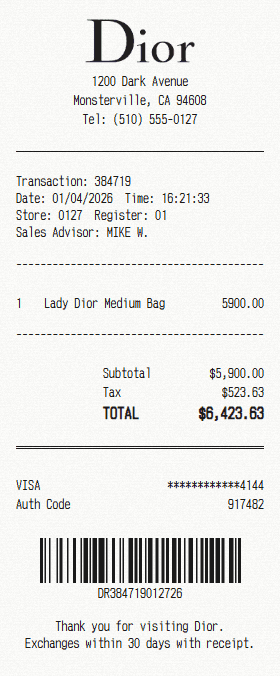 Dior receipt template