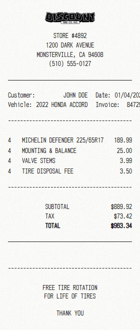 Discount Tire receipt template