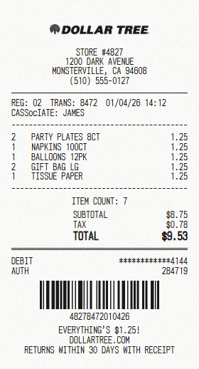 Dollar Tree receipt template