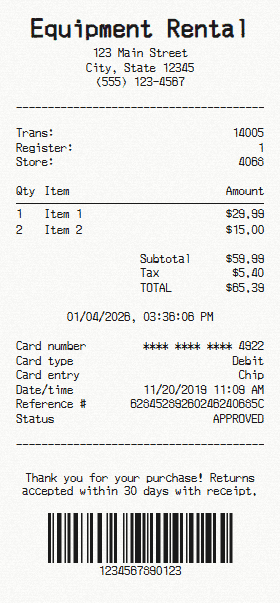 Equipment Rental receipt template