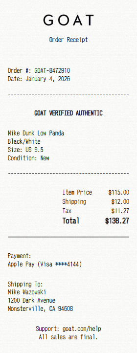 GOAT receipt template