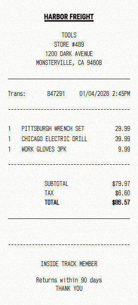 Harbor Freight receipt template