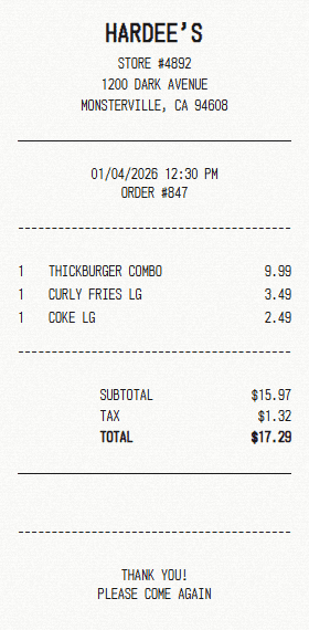 Hardee's receipt template