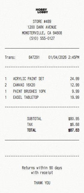 Hobby Lobby receipt template