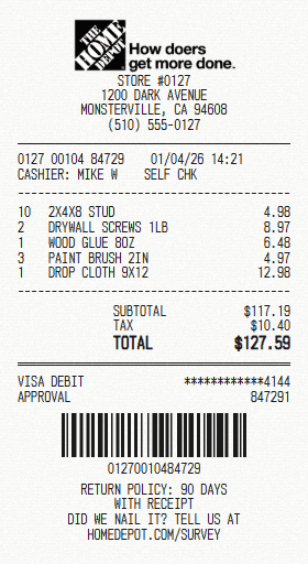 Home Depot receipt template