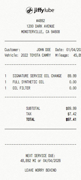 Jiffy Lube receipt template