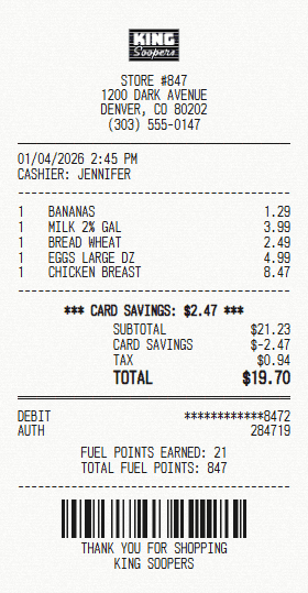 King Soopers receipt template