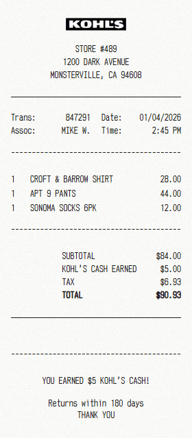 Kohl's receipt template