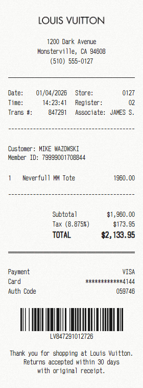 Louis Vuitton receipt template