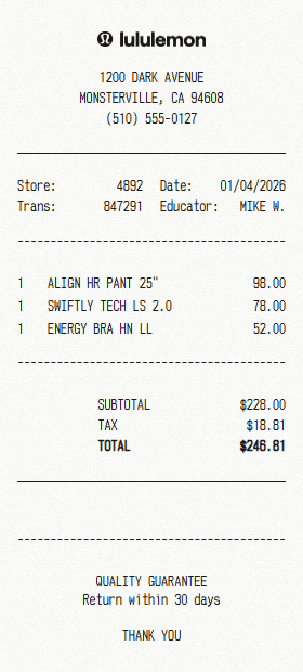 Lululemon receipt template