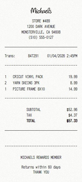 Michaels receipt template