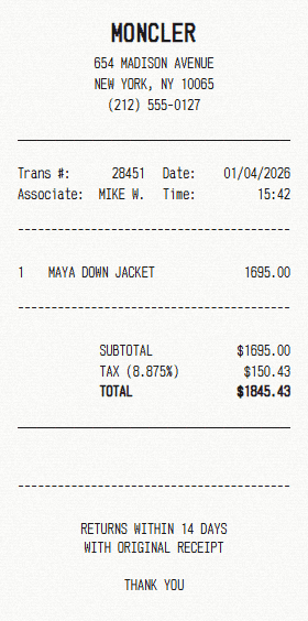 Moncler receipt template