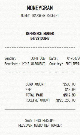 MoneyGram receipt template