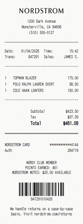 Nordstrom receipt template