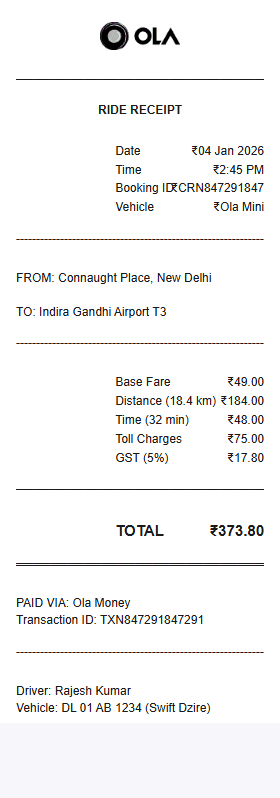 Ola receipt template