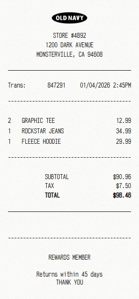 Old Navy receipt template