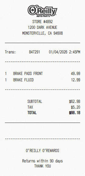 O'Reilly Auto Parts receipt template