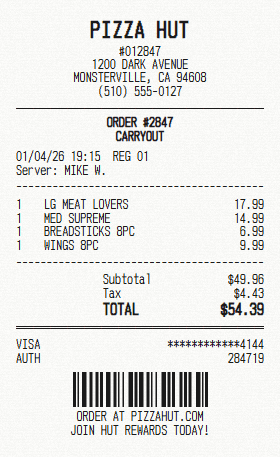 Pizza Hut receipt template