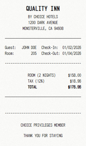 Quality Inn receipt template