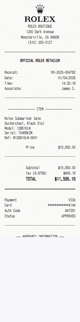 Rolex receipt template