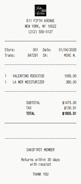 Saks Fifth Avenue receipt template