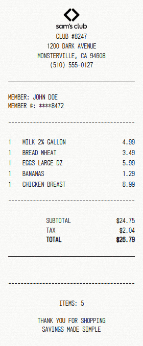Sam's Club receipt template