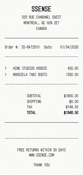 SSENSE receipt template