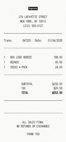 Supreme receipt template