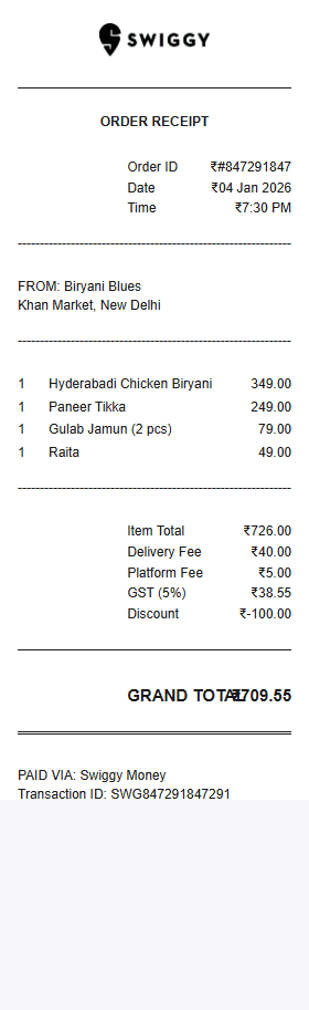 Swiggy receipt template