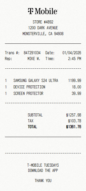 T-Mobile receipt template