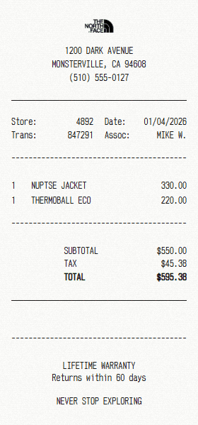 The North Face receipt template