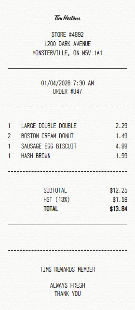 Tim Hortons receipt template