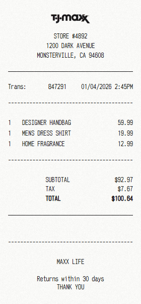 TJ Maxx receipt template