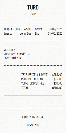 Turo receipt template