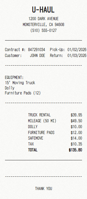U-Haul receipt template