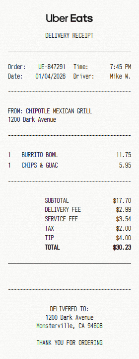 Uber Eats receipt template